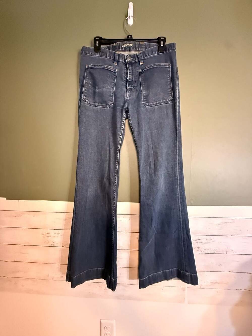 Lacoste Womens Blue Flare Wide Leg Patch Pocket Denim Jeans Size 44 F4712
